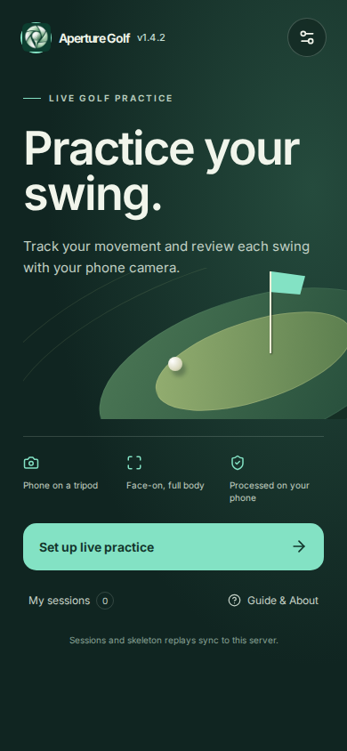 Aperture Golf swing analyzer home screen with practice setup and saved sessions