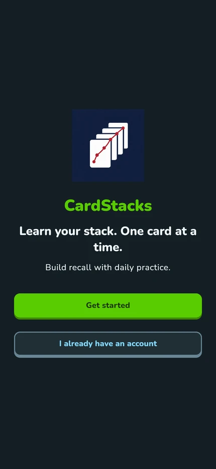 Card Stacks Trainer welcome screen in dark theme