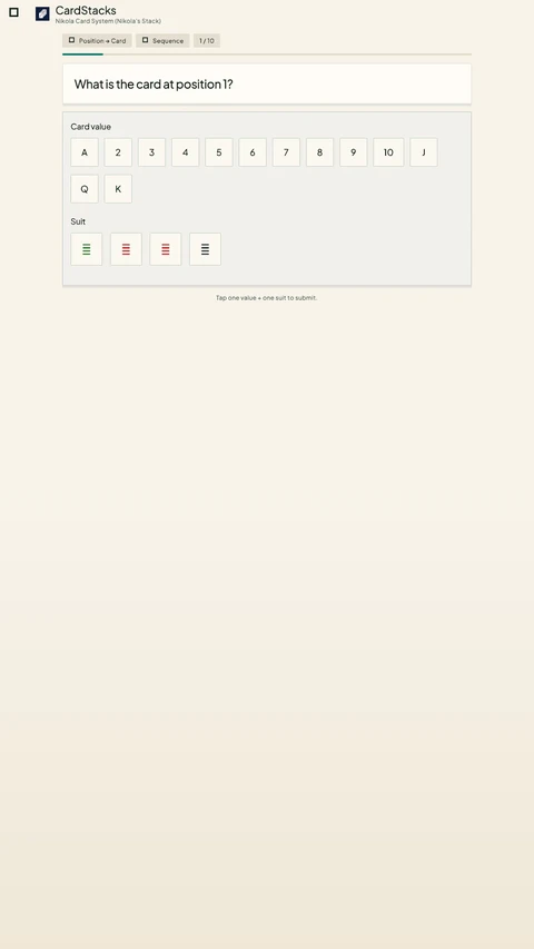 CardStacks position prompt with card value and suit controls