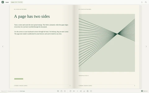 Flipbook PDF reader showing its original sample with facing pages and reading controls