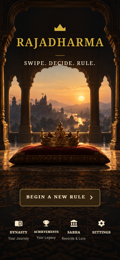 Rajadharma home screen with a crown, Begin a New Rule and kingdom navigation