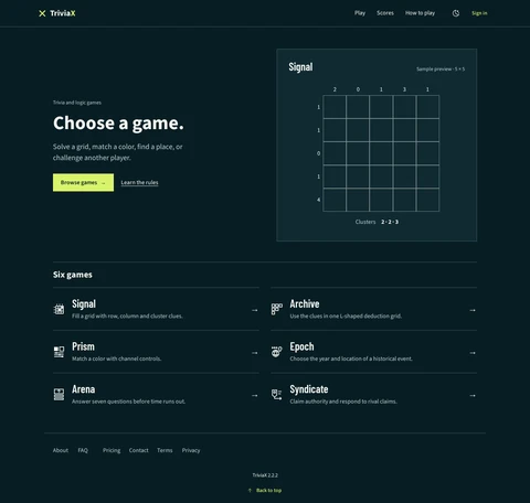 TriviaX Club’s current dark interface with its game collection and Signal grid preview