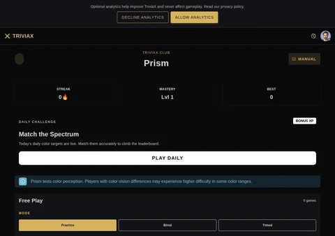 Prism practice mode and colour-space controls